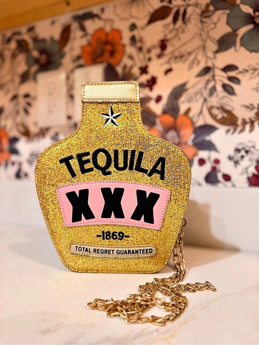 Gold Glitter Tequila Crossbody Statement Party Bag Removable Chain